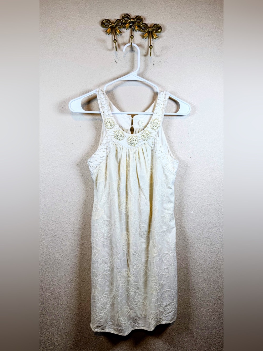 Theme Ivory Embroidered Racerback Sundress with Beaded Neckline. Size S